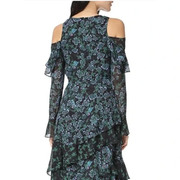 Tanya Taylor Green Floral Althea Silk Ruffle Midi Cold Shoulder Dress whimsigoth - Picture 12 of 13